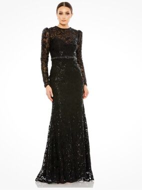 Mac Duggal Black Sequin High-Neck Long Sleeve Evening Gown Size 4 NEW 68011